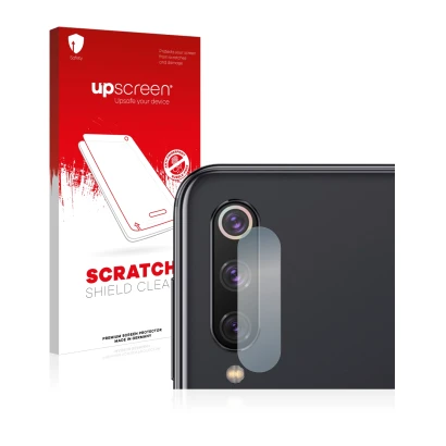 Parte frontal de un envase de producto con el logotipo de la marca upscreen. Al lado se muestra el dispositivo Xiaomi Mi 9 SE