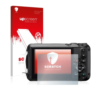 Parte frontal de un envase de producto con el logotipo de la marca upscreen. Al lado se muestra el dispositivo Ricoh WG-6 con 