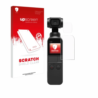 Parte frontal de un envase de producto con el logotipo de la marca upscreen. Al lado se muestra el dispositivo DJI Osmo Pocket