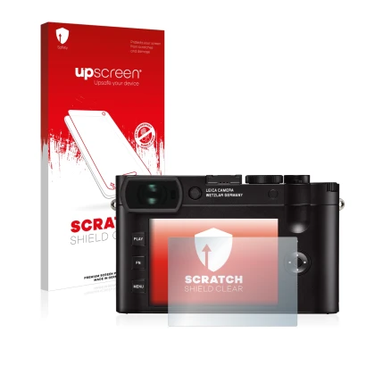 Parte frontal de un envase de producto con el logotipo de la marca upscreen. Al lado se muestra el dispositivo Leica Q2 con su