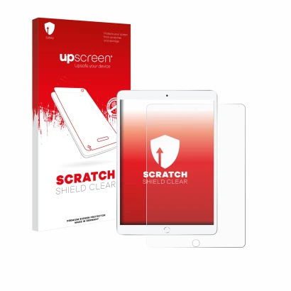 Parte frontal de un envase de producto con el logotipo de la marca upscreen. Al lado se muestra el dispositivo Apple iPad Air