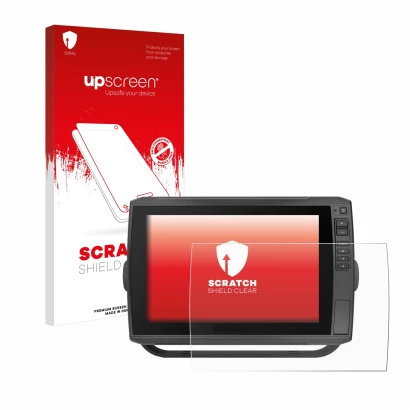 Parte frontal de un envase de producto con el logotipo de la marca upscreen. Al lado se muestra el dispositivo Garmin ECHOMAP 
