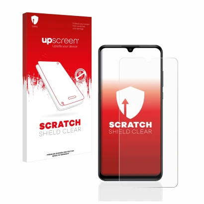 Parte frontal de un envase de producto con el logotipo de la marca upscreen. Al lado se muestra el dispositivo Huawei P30 lite