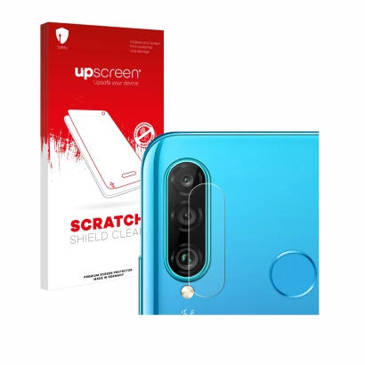 Parte frontal de un envase de producto con el logotipo de la marca upscreen. Al lado se muestra el dispositivo Huawei P30 lite
