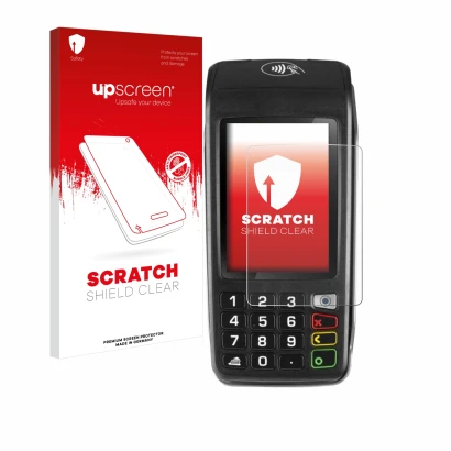 Parte frontal de un envase de producto con el logotipo de la marca upscreen. Al lado se muestra el dispositivo ingenico Move/5