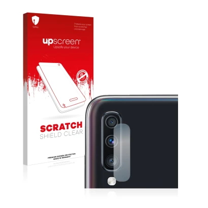 Parte frontal de un envase de producto con el logotipo de la marca upscreen. Al lado se muestra el dispositivo Samsung Galaxy