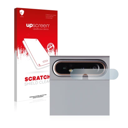 Parte frontal de un envase de producto con el logotipo de la marca upscreen. Al lado se muestra el dispositivo Samsung Galaxy