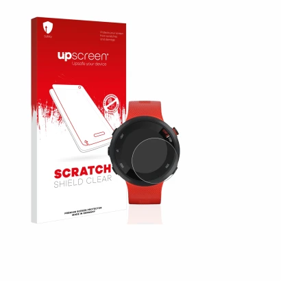 Parte frontal de un envase de producto con el logotipo de la marca upscreen. Al lado se muestra el dispositivo Garmin Forerunn