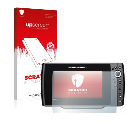 Parte frontal de un envase de producto con el logotipo de la marca upscreen. Al lado se muestra el dispositivo Humminbird Heli