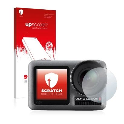 Parte frontal de un envase de producto con el logotipo de la marca upscreen. Al lado se muestra el dispositivo DJI Osmo Action