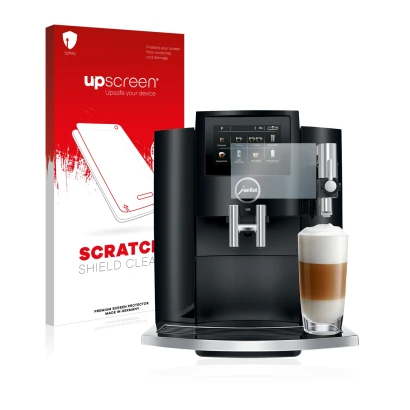 Parte frontal de un envase de producto con el logotipo de la marca upscreen. Al lado se muestra el dispositivo Jura S8 con su
