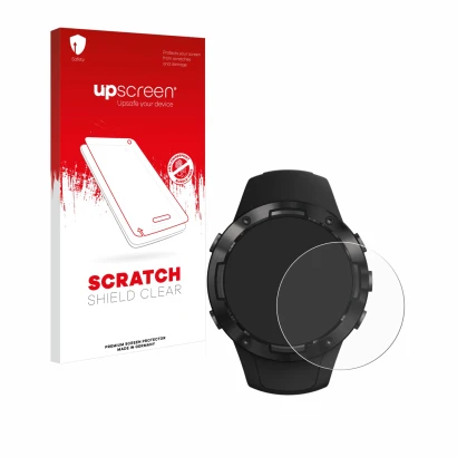 Parte frontal de un envase de producto con el logotipo de la marca upscreen. Al lado se muestra el dispositivo Suunto 5 con su