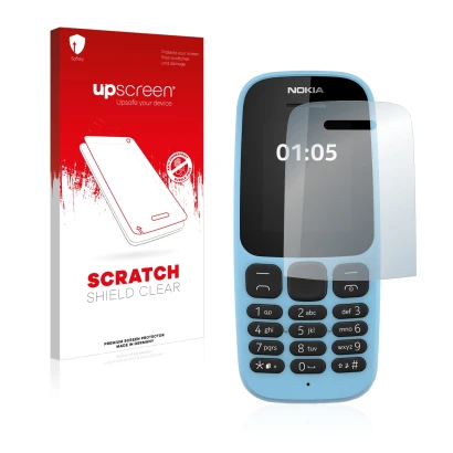 Parte frontal de un envase de producto con el logotipo de la marca upscreen. Al lado se muestra el dispositivo Nokia 105 2019