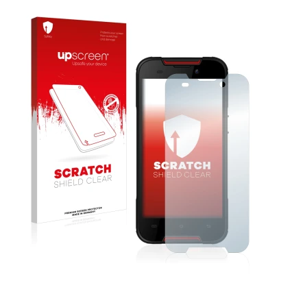 Parte frontal de un envase de producto con el logotipo de la marca upscreen. Al lado se muestra el dispositivo Cubot Quest Lit