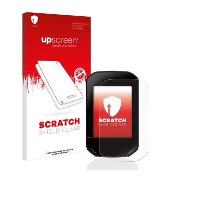 Parte frontal de un envase de producto con el logotipo de la marca upscreen. Al lado se muestra el dispositivo Bryton Rider 42