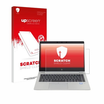 Parte frontal de un envase de producto con el logotipo de la marca upscreen. Al lado se muestra el dispositivo HP EliteBook 84