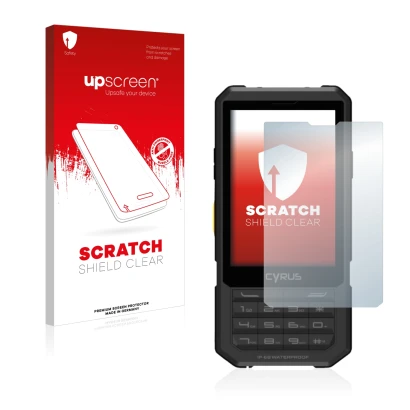 Parte frontal de un envase de producto con el logotipo de la marca upscreen. Al lado se muestra el dispositivo Cyrus CM 17 Hyb