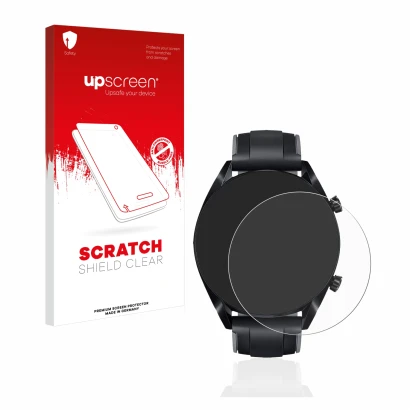 Parte frontal de un envase de producto con el logotipo de la marca upscreen. Al lado se muestra el dispositivo Huawei Watch GT