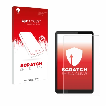 Parte frontal de un envase de producto con el logotipo de la marca upscreen. Al lado se muestra el dispositivo Lenovo Tab M8 c