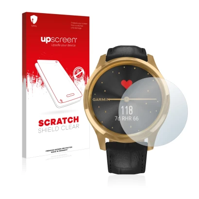 Parte frontal de un envase de producto con el logotipo de la marca upscreen. Al lado se muestra el dispositivo Garmin vivomove