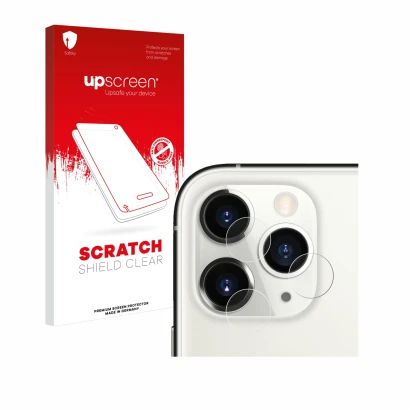 Parte frontal de un envase de producto con el logotipo de la marca upscreen. Al lado se muestra el dispositivo Apple iPhone 11