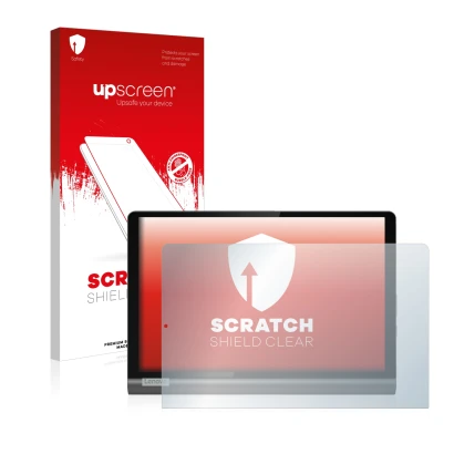 Parte frontal de un envase de producto con el logotipo de la marca upscreen. Al lado se muestra el dispositivo Lenovo Yoga Sma