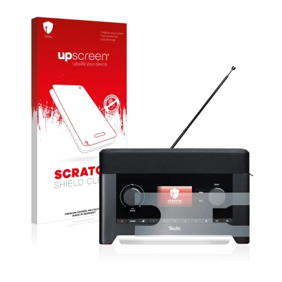 Parte frontal de un envase de producto con el logotipo de la marca upscreen. Al lado se muestra el dispositivo Teufel Radio 3s
