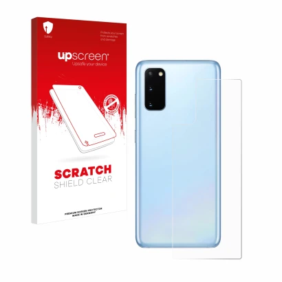 Parte frontal de un envase de producto con el logotipo de la marca upscreen. Al lado se muestra el dispositivo Samsung Galaxy