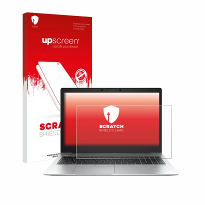 Parte frontal de un envase de producto con el logotipo de la marca upscreen. Al lado se muestra el dispositivo HP EliteBook 85