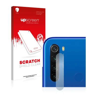 Parte frontal de un envase de producto con el logotipo de la marca upscreen. Al lado se muestra el dispositivo Xiaomi Redmi No