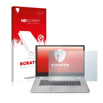 Parte frontal de un envase de producto con el logotipo de la marca upscreen. Al lado se muestra el dispositivo Lenovo IdeaPad 