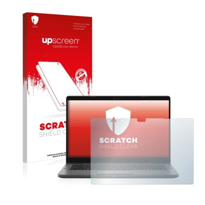Parte frontal de un envase de producto con el logotipo de la marca upscreen. Al lado se muestra el dispositivo Dell Latitude 5