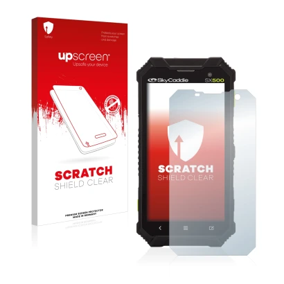 Parte frontal de un envase de producto con el logotipo de la marca upscreen. Al lado se muestra el dispositivo SkyCaddie SX500