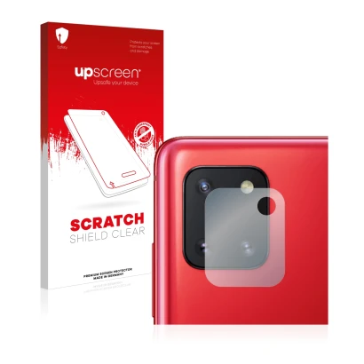 Parte frontal de un envase de producto con el logotipo de la marca upscreen. Al lado se muestra el dispositivo Samsung Galaxy