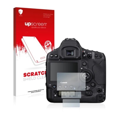 Parte frontal de un envase de producto con el logotipo de la marca upscreen. Al lado se muestra el dispositivo Canon EOS 1D X 