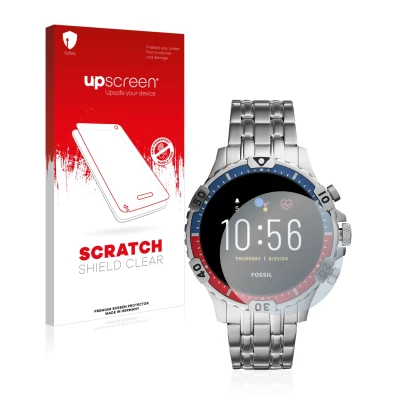 Parte frontal de un envase de producto con el logotipo de la marca upscreen. Al lado se muestra el dispositivo Fossil Garrett