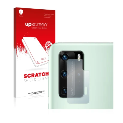 Parte frontal de un envase de producto con el logotipo de la marca upscreen. Al lado se muestra el dispositivo Huawei P40 Pro