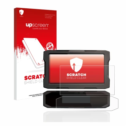 Parte frontal de un envase de producto con el logotipo de la marca upscreen. Al lado se muestra el dispositivo Honda CRF1100L