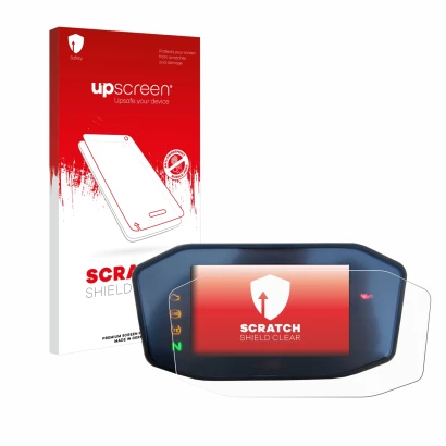 Parte frontal de un envase de producto con el logotipo de la marca upscreen. Al lado se muestra el dispositivo KTM 890 Duke R 