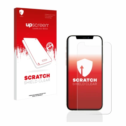 Parte frontal de un envase de producto con el logotipo de la marca upscreen. Al lado se muestra el dispositivo Apple iPhone 12