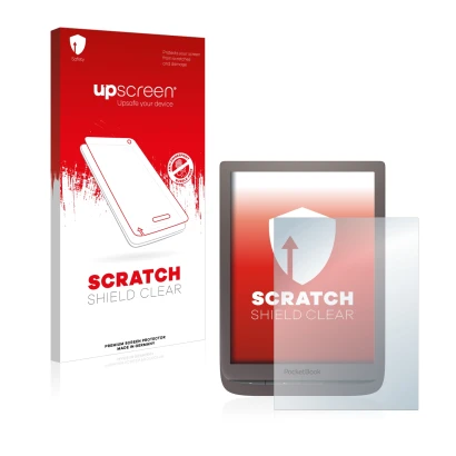 Parte frontal de un envase de producto con el logotipo de la marca upscreen. Al lado se muestra el dispositivo PocketBook InkP