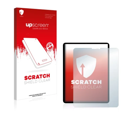 Parte frontal de un envase de producto con el logotipo de la marca upscreen. Al lado se muestra el dispositivo Apple iPad Pro