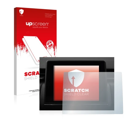 Parte frontal de un envase de producto con el logotipo de la marca upscreen. Al lado se muestra el dispositivo Renault Clio V