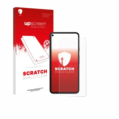 Parte frontal de un envase de producto con el logotipo de la marca upscreen. Al lado se muestra el dispositivo Google Pixel 5