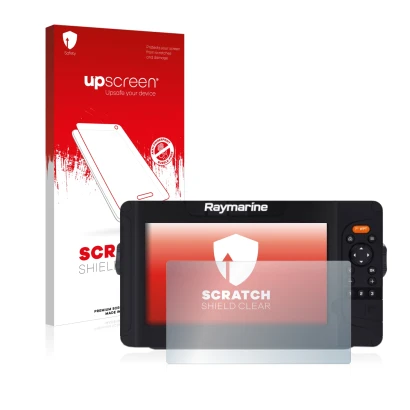 Parte frontal de un envase de producto con el logotipo de la marca upscreen. Al lado se muestra el dispositivo Raymarine Eleme