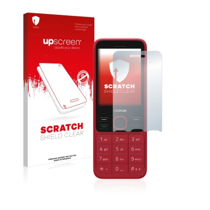 Parte frontal de un envase de producto con el logotipo de la marca upscreen. Al lado se muestra el dispositivo Nokia 150 2020 