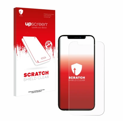 Parte frontal de un envase de producto con el logotipo de la marca upscreen. Al lado se muestra el dispositivo Apple iPhone 12