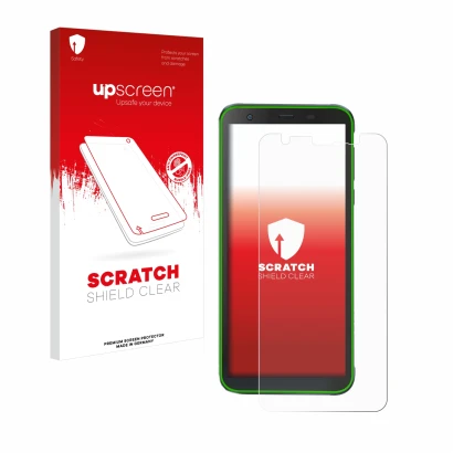 Parte frontal de un envase de producto con el logotipo de la marca upscreen. Al lado se muestra el dispositivo Blackview BV630