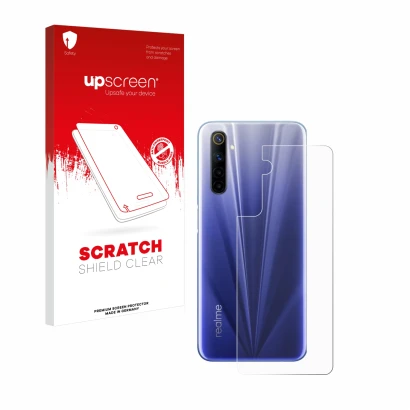 Parte frontal de un envase de producto con el logotipo de la marca upscreen. Al lado se muestra el dispositivo realme 6 (Trase