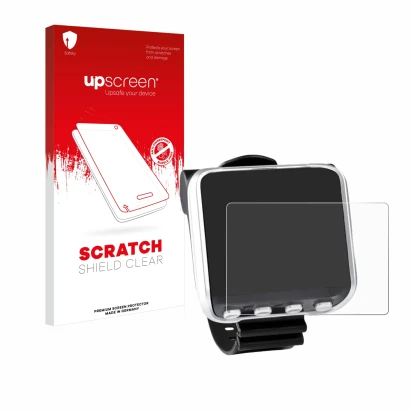 Parte frontal de un envase de producto con el logotipo de la marca upscreen. Al lado se muestra el dispositivo Mares Genius co